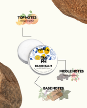 Beard balm container with notes on top, middle, and base scents on a white background