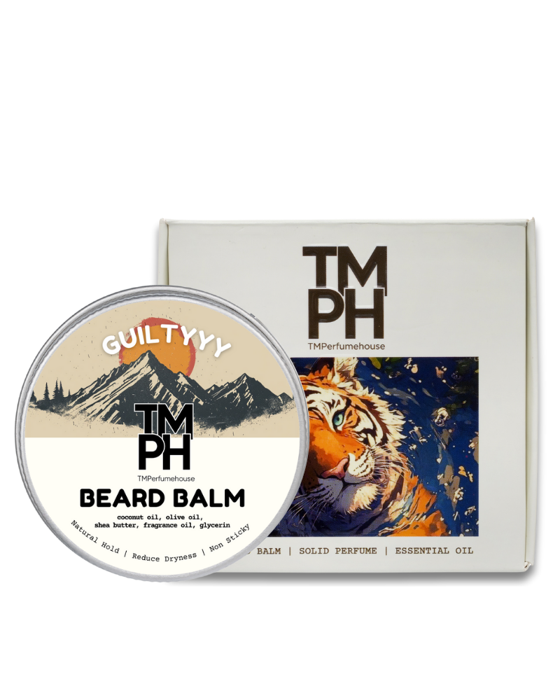 TM PH beard balm container with packaging featuring a tiger illustration on a white background