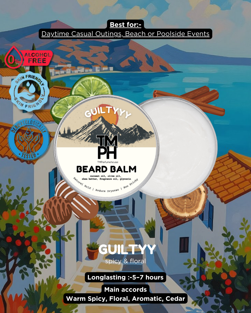 Beard balm packaging with scenic background and product details