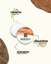 Beard balm container with notes on a white background