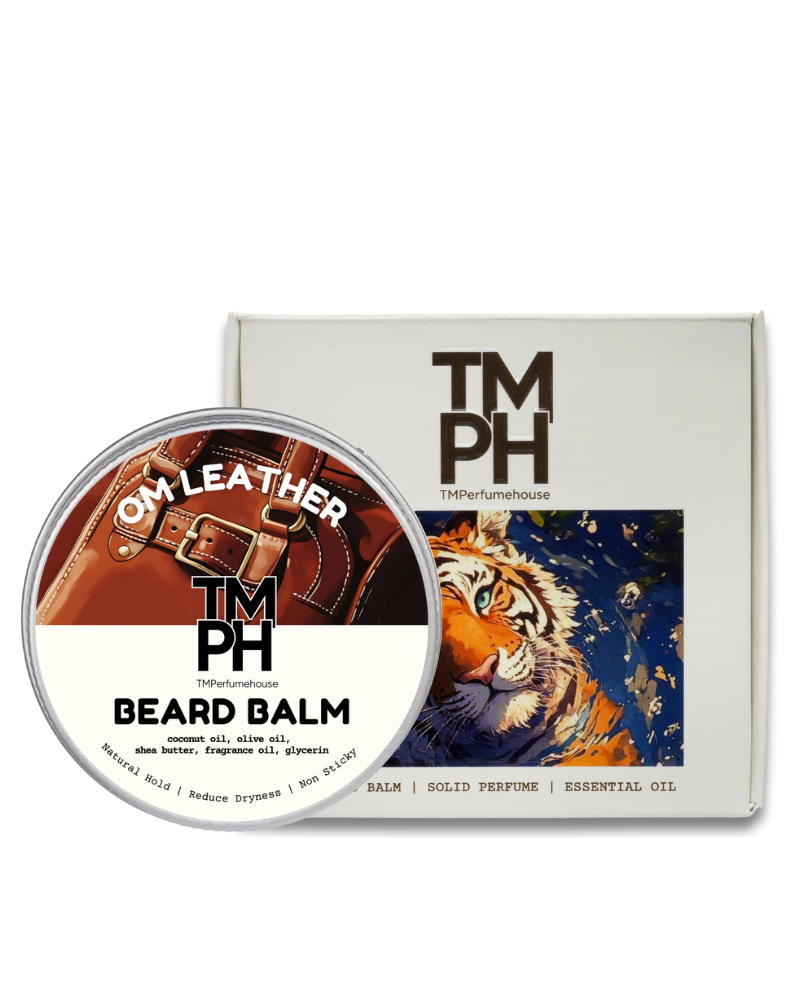 TM PH beard balm container with tiger design on packaging