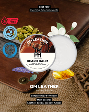OM Leather TM PH Beard Balm container with ingredients and product details on a brown textured background