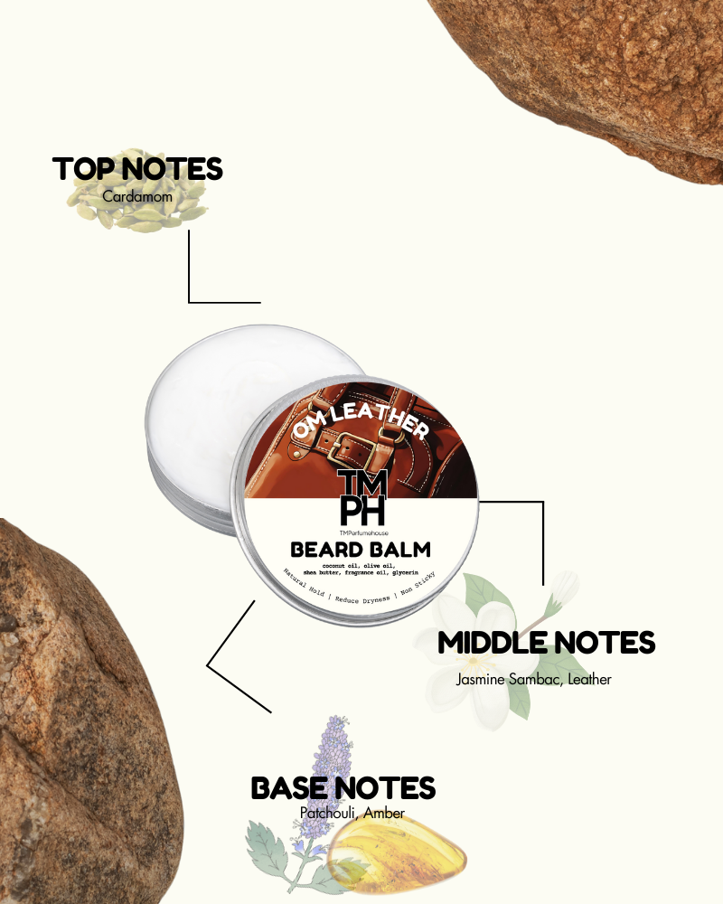 Beard balm container with notes on top, middle, and base notes on a white background