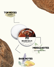 Beard balm container with notes on top, middle, and base notes on a white background