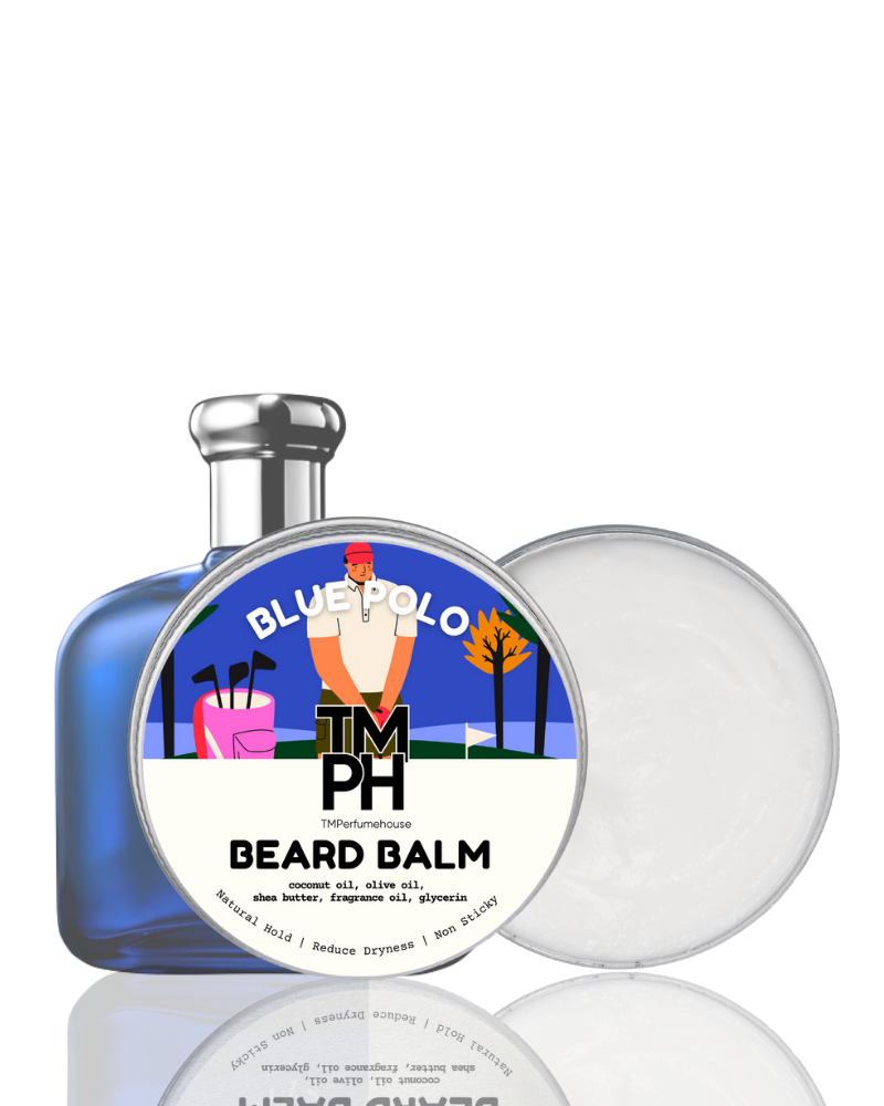 Blue bottle and white container of Tim Phillips Beard Balm on a white background