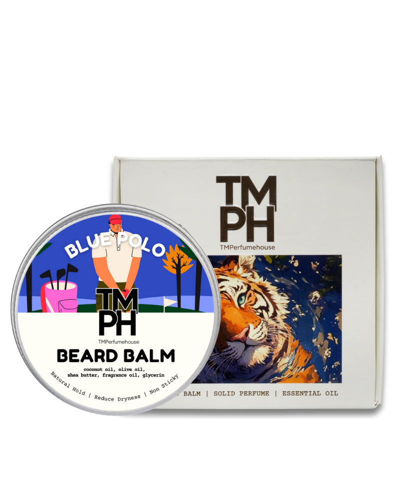 Beard balm container with 'TM PH' branding and a tiger illustration on the packaging.