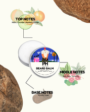 Beard balm container with notes on top, middle, and base notes on a white background