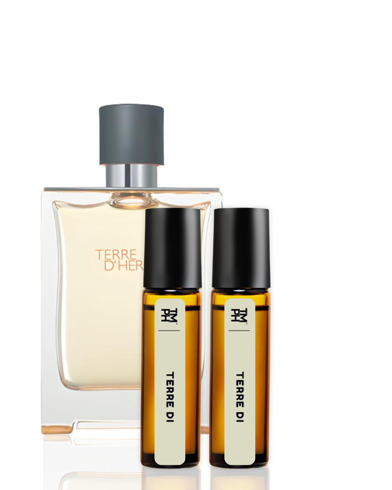 Perfume set with a large bottle and two smaller rollerball bottles on a white background