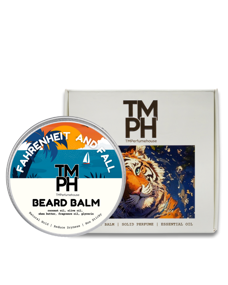 Beard balm container with tiger design packaging on a white background