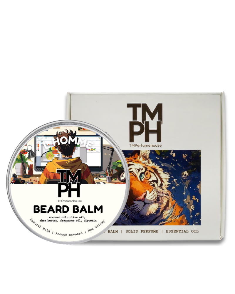 TM PH beard balm with packaging featuring a tiger illustration on a white background