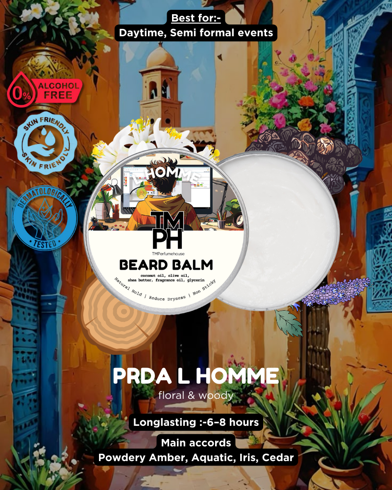 Timph beard balm packaging with decorative background