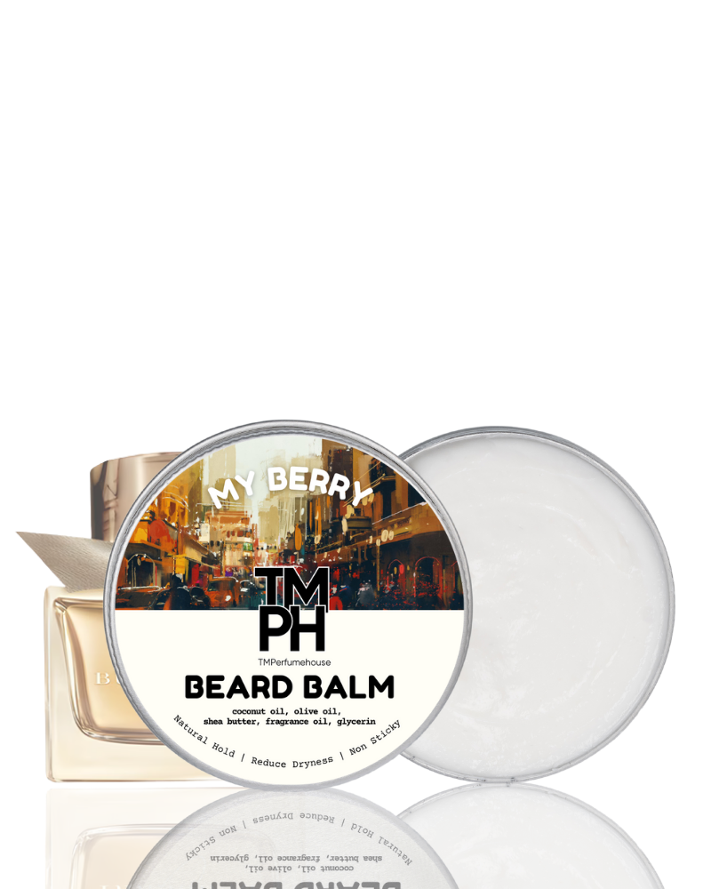 Beard balm container with visible brand name on a white background