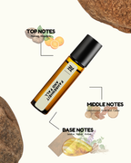Roll-on bottle with essential oil notes labeled on a white background