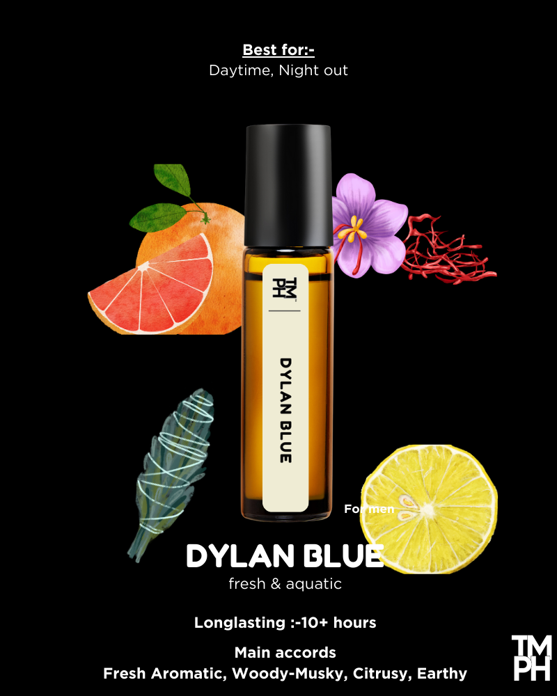 Dylan Blue perfume bottle with fruit and plant elements on a black background