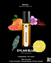Dylan Blue perfume bottle with fruit and plant elements on a black background