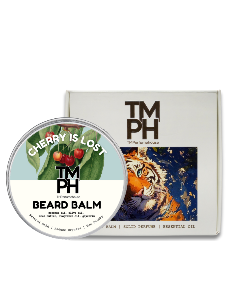 Beard balm container with 'Cherry is Lost' label and packaging featuring a tiger design.