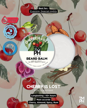 Beard balm packaging with cherry and almond elements on a floral background
