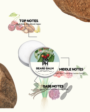 Beard balm container with flavor notes on a white background