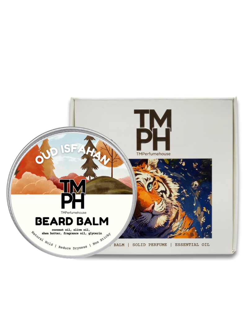 TM PH beard balm container with packaging featuring a tiger illustration on a white background