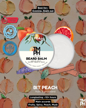 Beard balm container with peach-themed design and branding on a patterned background.