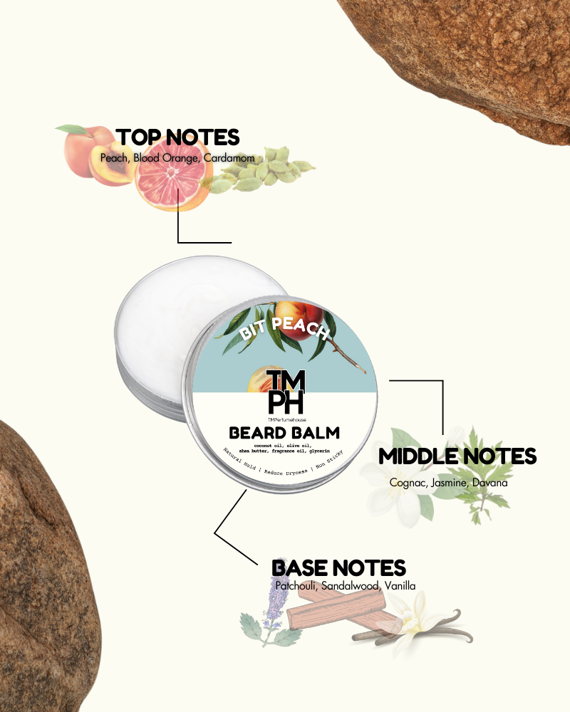 Beard balm container with flavor notes on a white background