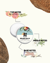 Beard balm container with flavor notes on a white background