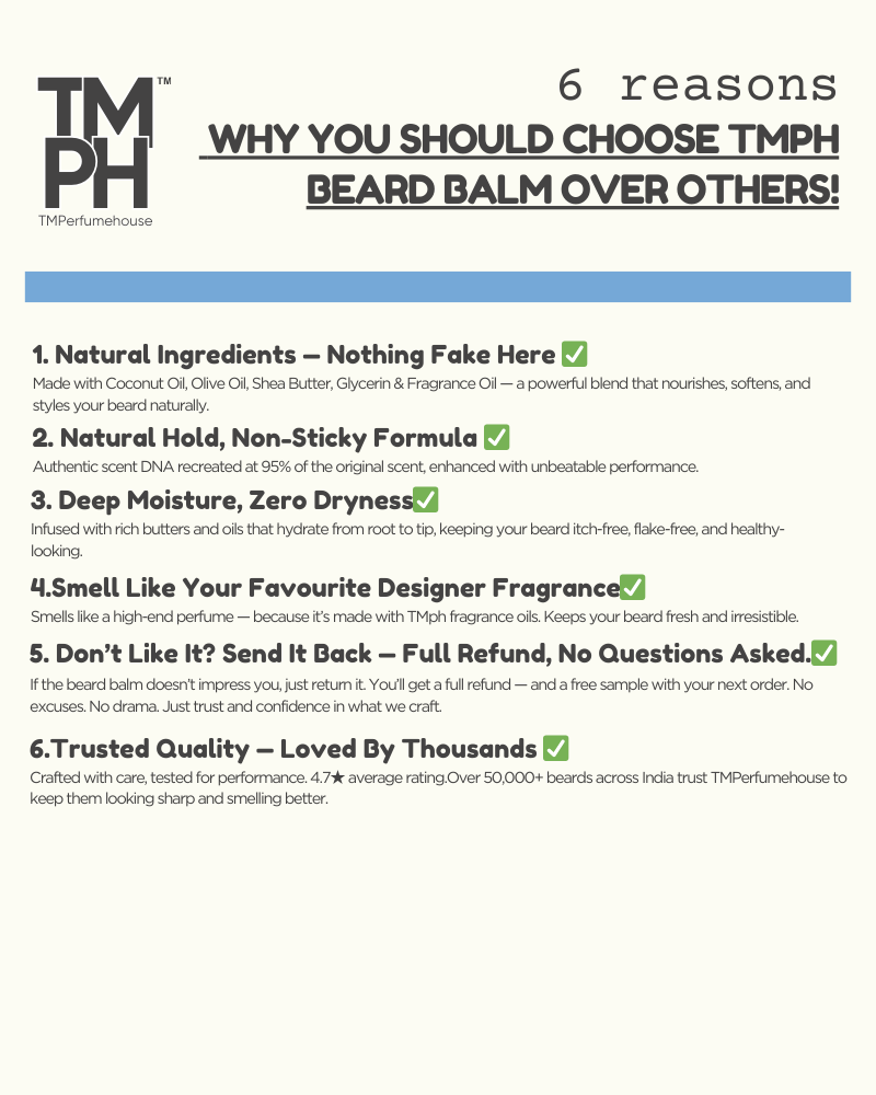 Promotional text list for TM Perfumehouse beard balm on a white background