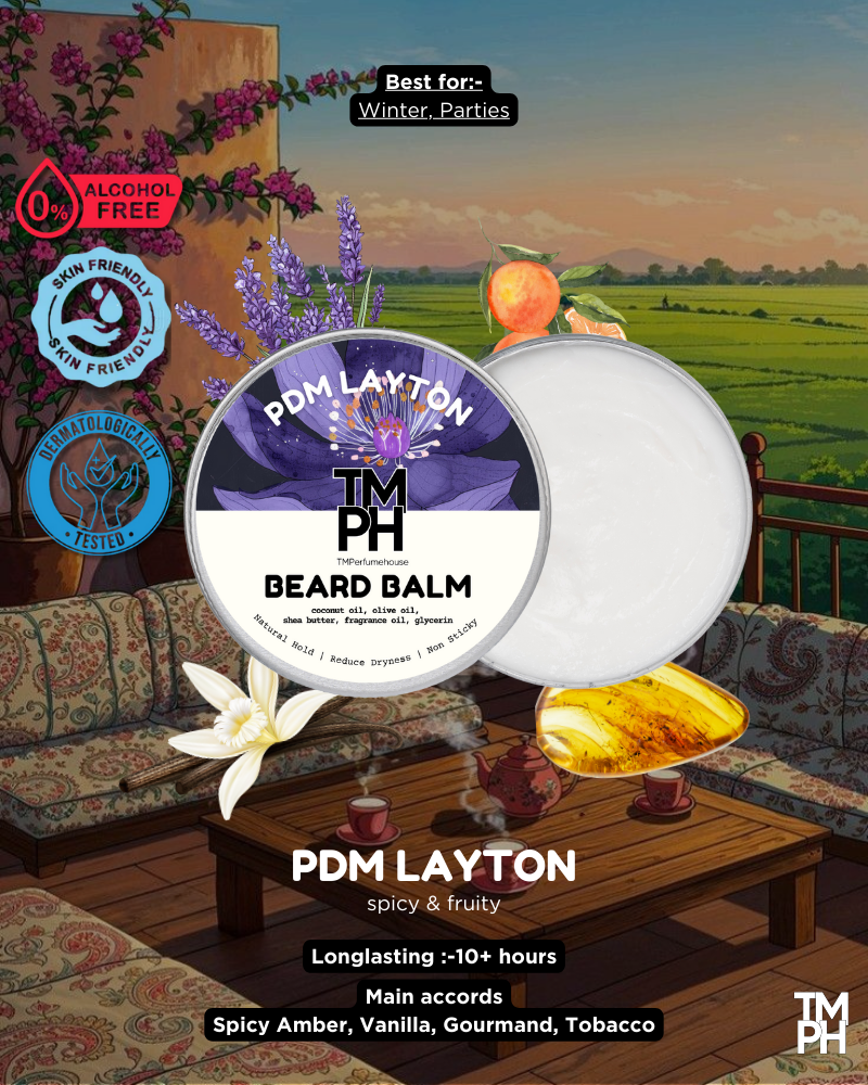 PDM Layton TM PH Beard Balm packaging with a scenic background