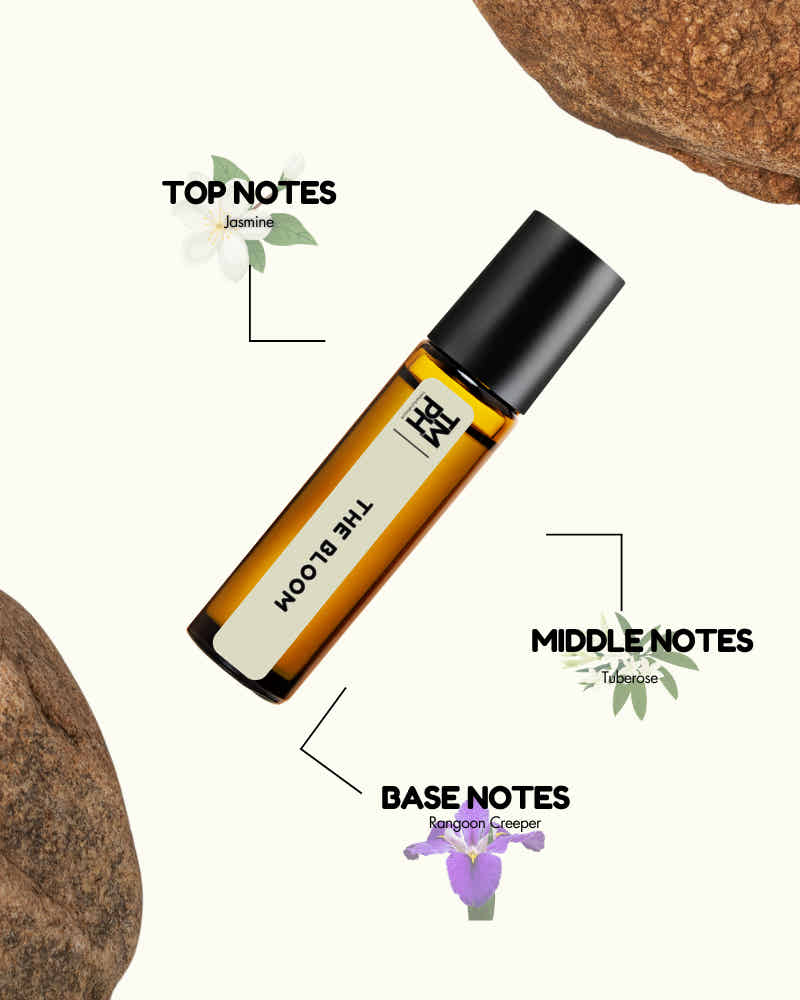 Roll-on bottle with labels for top, middle, and base notes on a white background with stones.