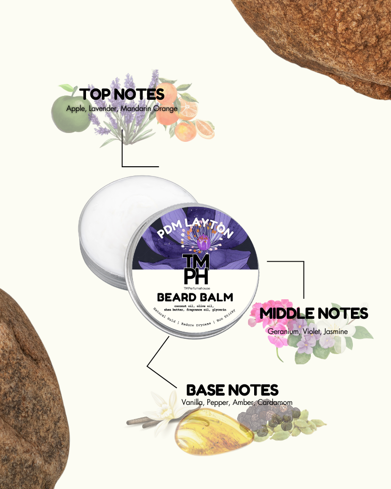 Beard balm container with flavor notes on a white background