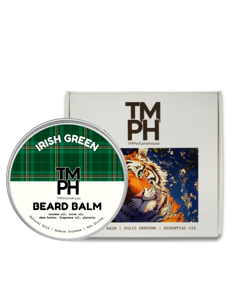 TM PH Irish Green Beard Balm with packaging featuring a tiger illustration on a white background