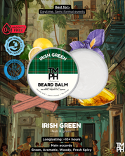 Beard balm container with 'Irish Green' label on a colorful street scene background