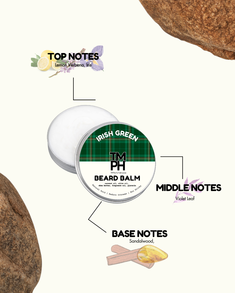 Beard balm container with flavor notes on a white background