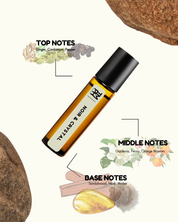 Roll-on bottle with notes on top, middle, and base of a fragrance, surrounded by natural elements.