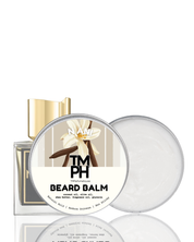 Beard balm packaging with gold cap and white container on a white background