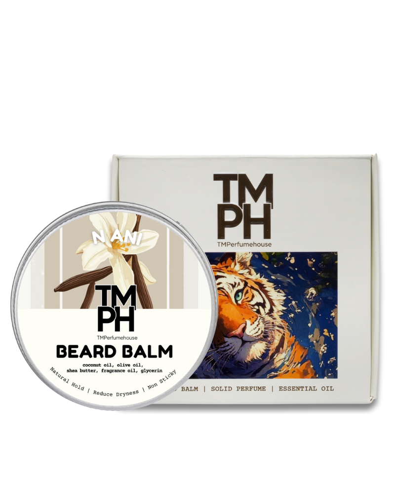 TM PH beard balm container with packaging featuring a tiger illustration on a white background