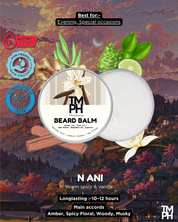Beard balm packaging with natural ingredients and scenic background