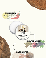 Beard balm packaging with notes on top, middle, and base notes displayed.