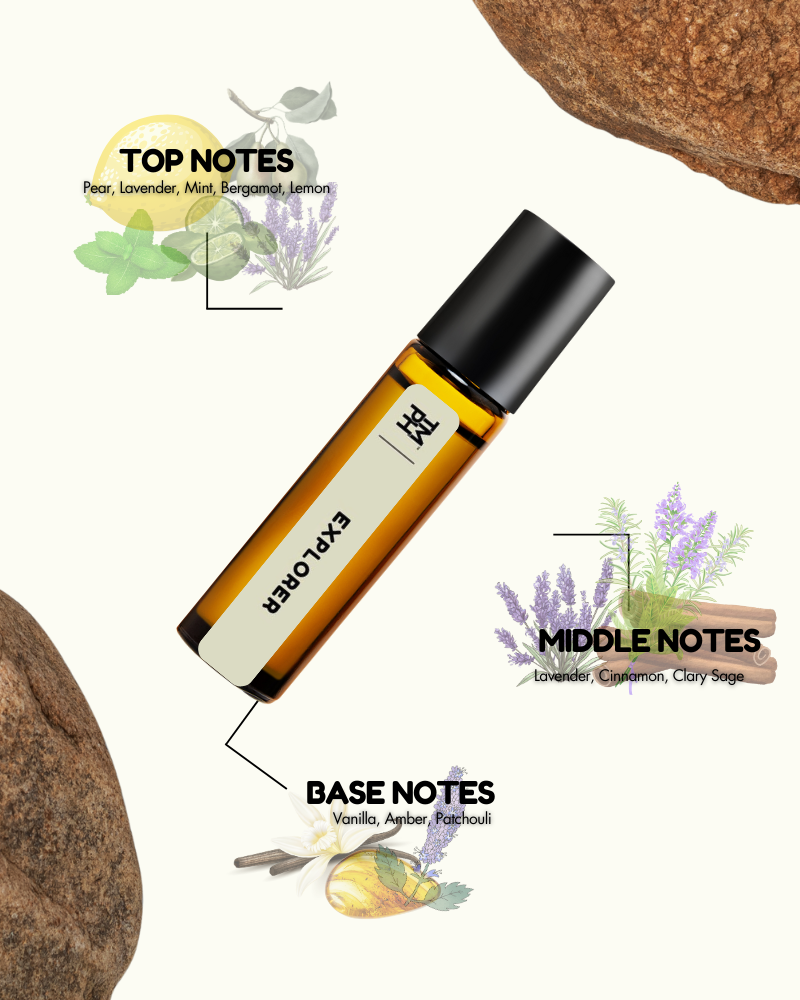 Roll-on bottle with essential oil labels and botanical illustrations on a white background