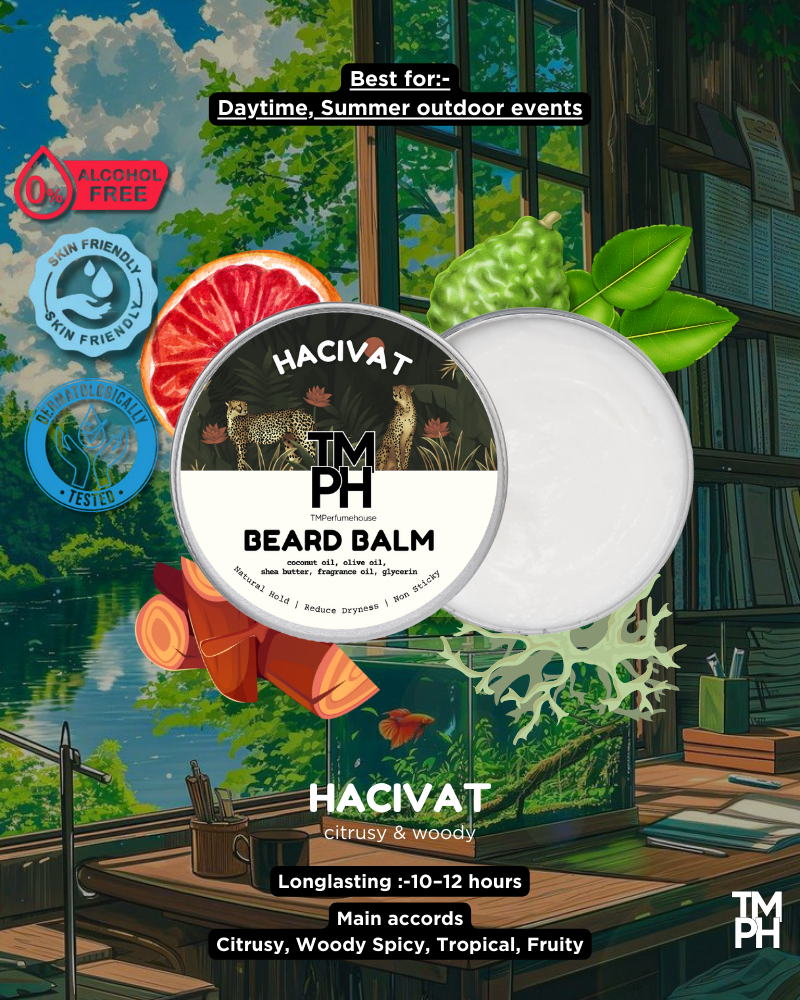 HACIVAT beard balm packaging with a scenic background