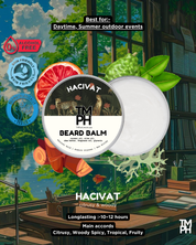 HACIVAT beard balm packaging with a scenic background