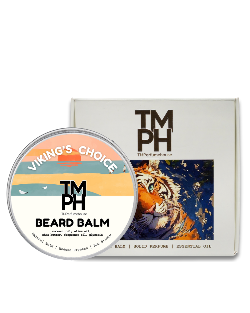 Beard balm container with 'Viking's Choice' label and packaging featuring a tiger illustration.
