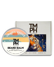 Beard balm container with 'Viking's Choice' label and packaging featuring a tiger illustration.