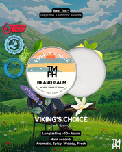 Advertisement for TM PH Viking's Choice Beard Balm with a scenic background