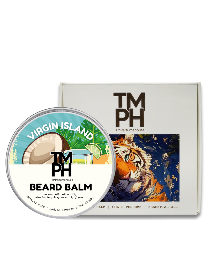 TM PH Beard Balm container with Virgin Island flavor label and packaging featuring a tiger design.