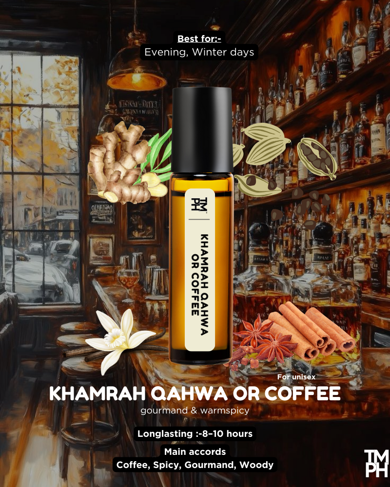 Roll-on bottle of Khamrah Qahwa or Coffee with ingredients and bar background