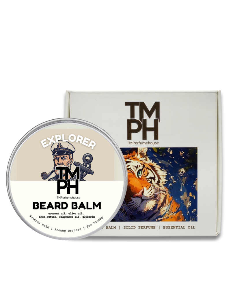 Beard balm container with 'TM PH' branding and a tiger illustration on the packaging.