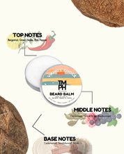 Beard balm container with flavor notes on a white background