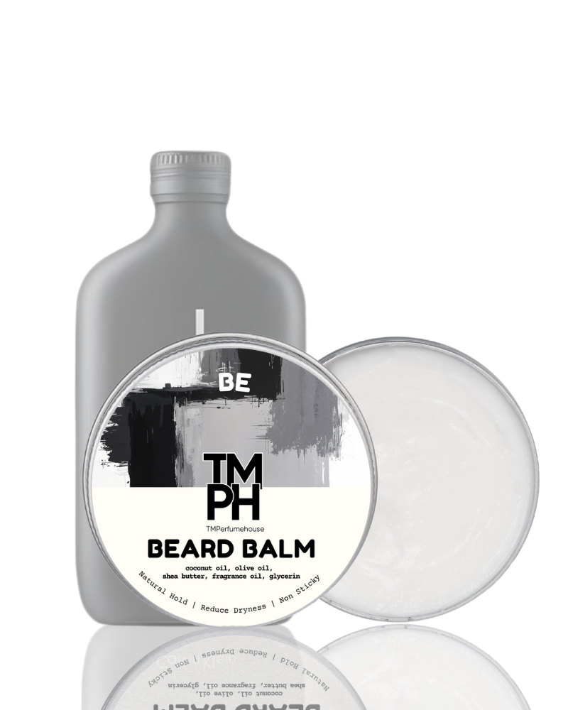Beard balm packaging with a white background