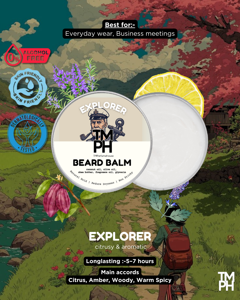 Advertisement for TM PH Explorer Beard Balm with nature-themed background and product packaging.